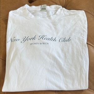 Sporty & Rich White Tee with Navy Script "New York Health Club"